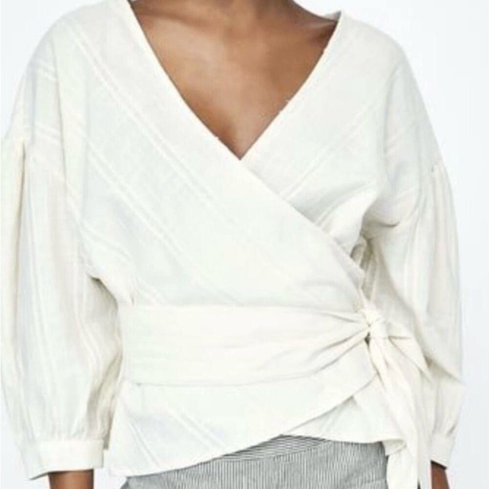 Zara Cream 3/4 Sleeve Wrap Blouse